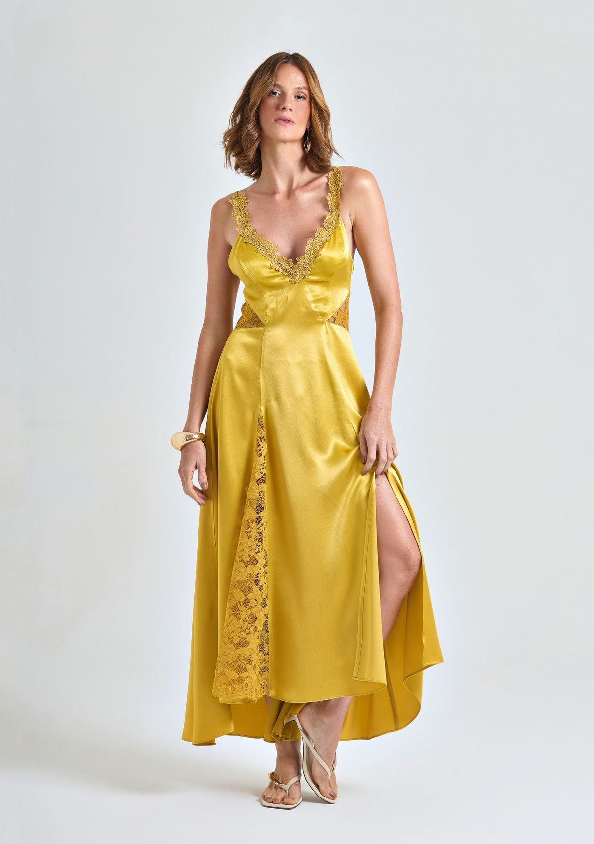 Vestido Sleep Dress de Cetim Mostarda
